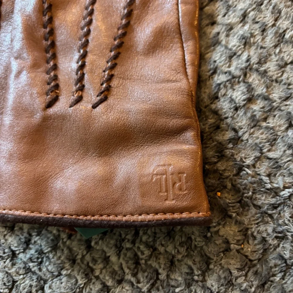 Lauren Ralph Lauren Womens Brown Leather Whipstitch Gloves RL Logo Cognac